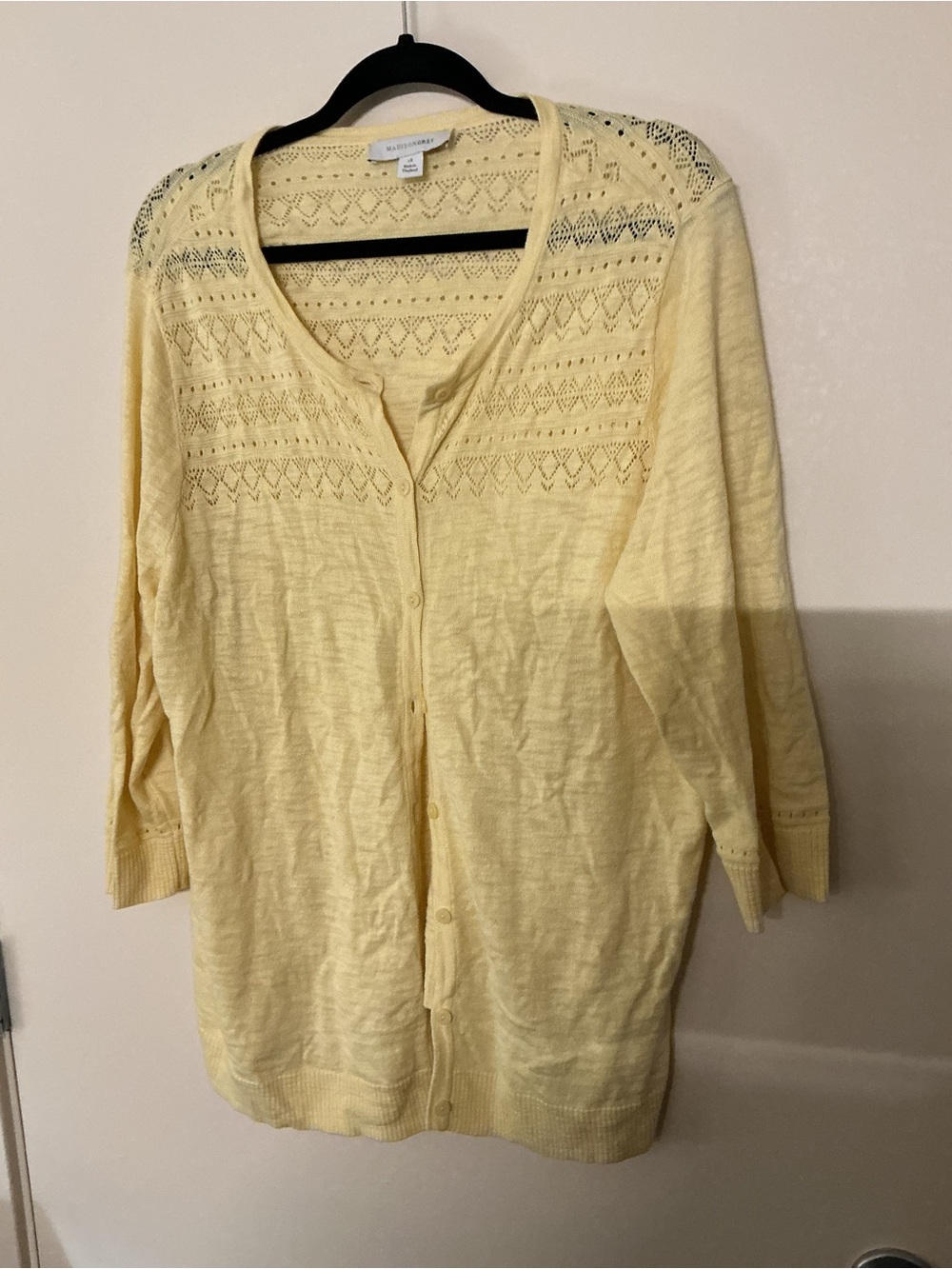 Madison Pale Yellow Openwork Button-Front Cardigan